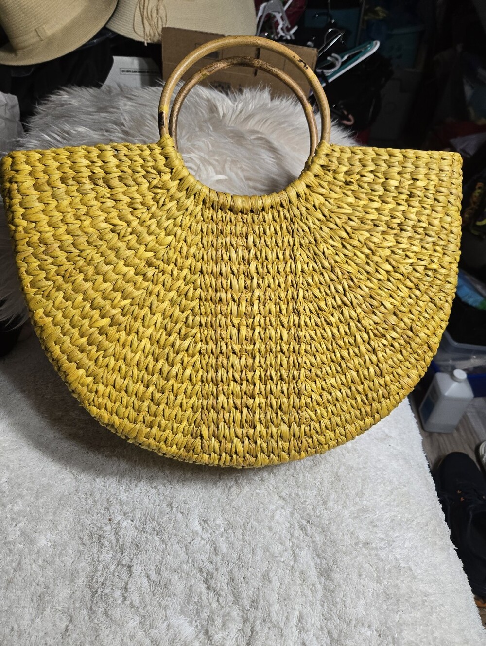 Anthropologie Vineet Bahl yellow woven straw half-moon tote bag